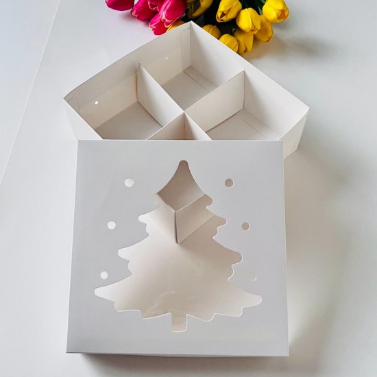 21x21x8 Pencereli Karton Kutu-Çam 4 Bölmeli