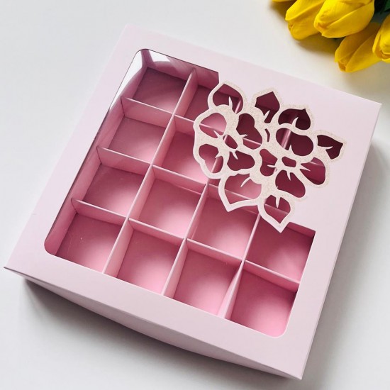 16 Bölmeli Sarı Simli Çiçek Tasarımlı Çikolata Kutusu (Desen 2)