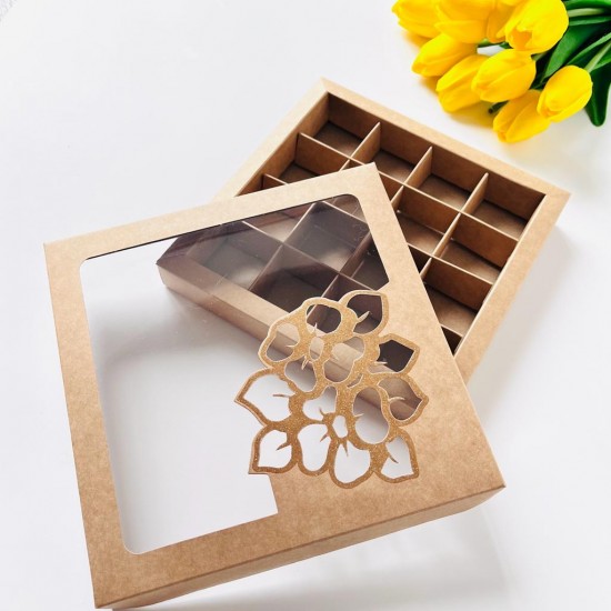 16 Bölmeli Sarı Simli Çiçek Tasarımlı Çikolata Kutusu (Desen 2)