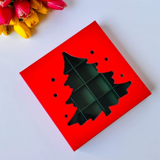 16 Bölmeli Çam Ağacı Tasarım Çikolata Kutusu (yeşil-kırmızı)