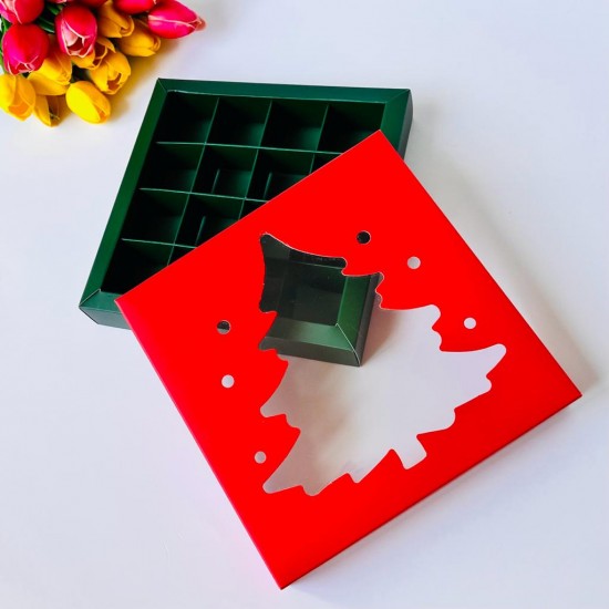 16 Bölmeli Çam Ağacı Tasarım Çikolata Kutusu (yeşil-kırmızı)