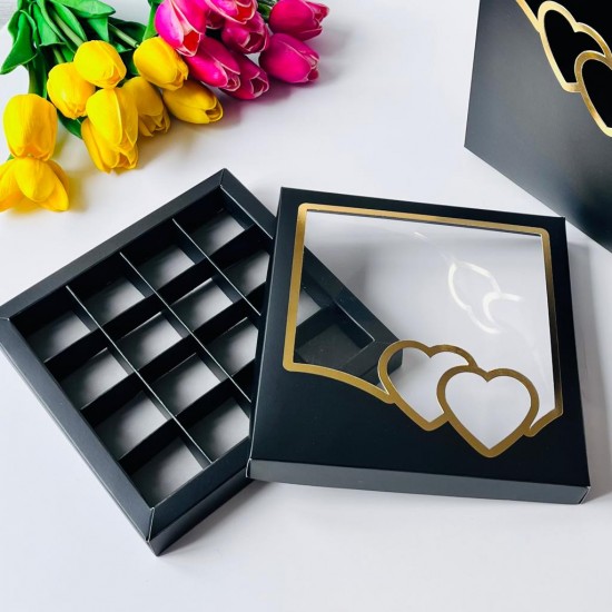 16 Bölmeli Kalp Tasarım Gold Yaldız Baskılı Bonbon Çikolata Kutusu