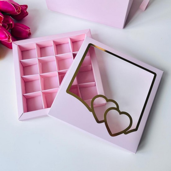 16 Bölmeli Kalp Tasarım Gold Yaldız Baskılı Bonbon Çikolata Kutusu